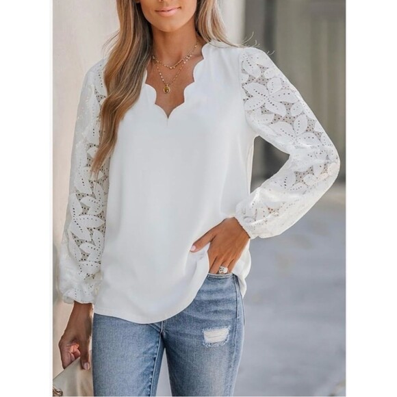 Cupshe Tops - Cupshe White Scalloped Lace Sleeve Blouse |
Romantic Long Sleeve Top| Size L